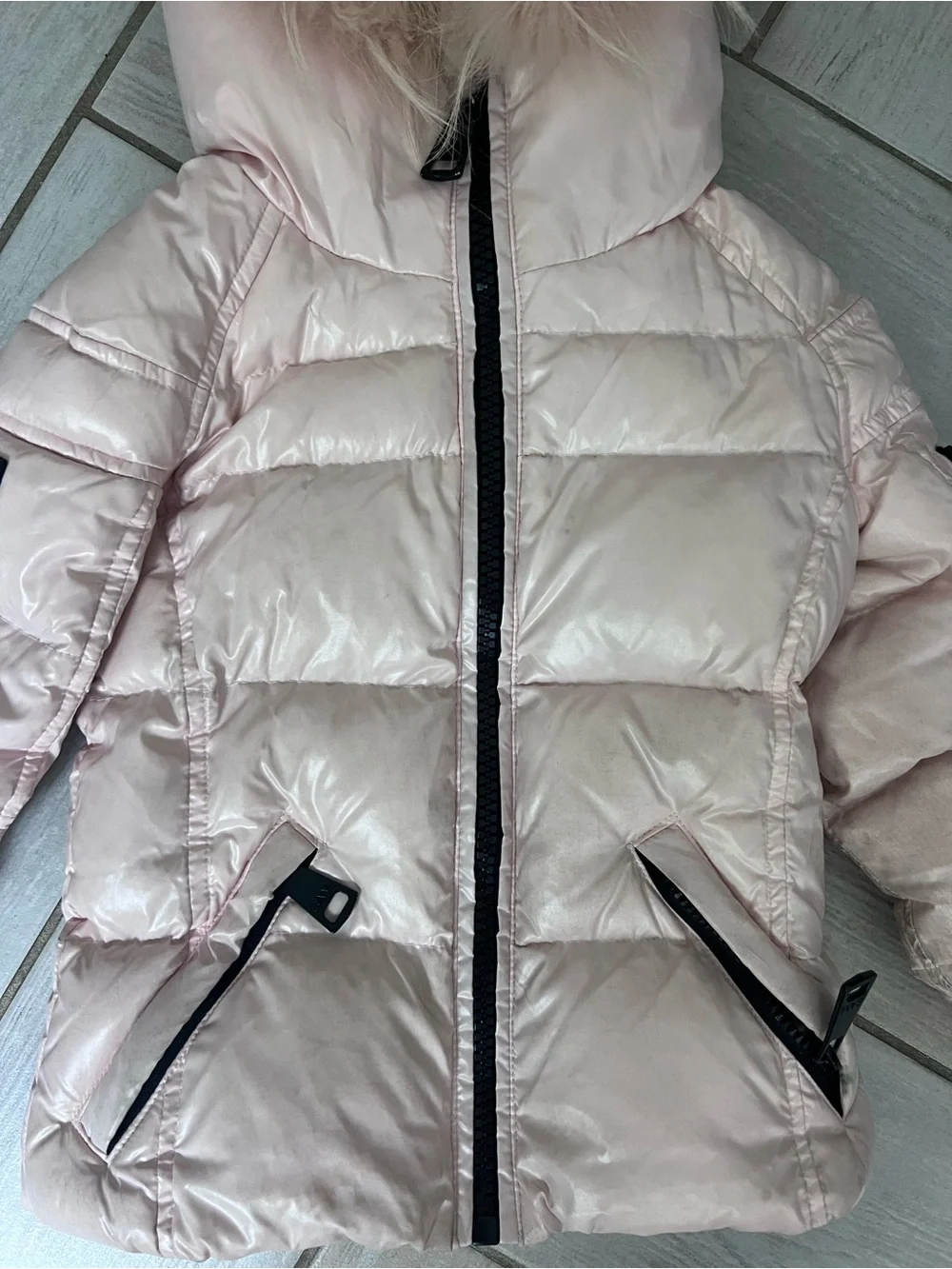 SAM. Light Pink Shiny Puffer Jacket with Faux Fur Trim